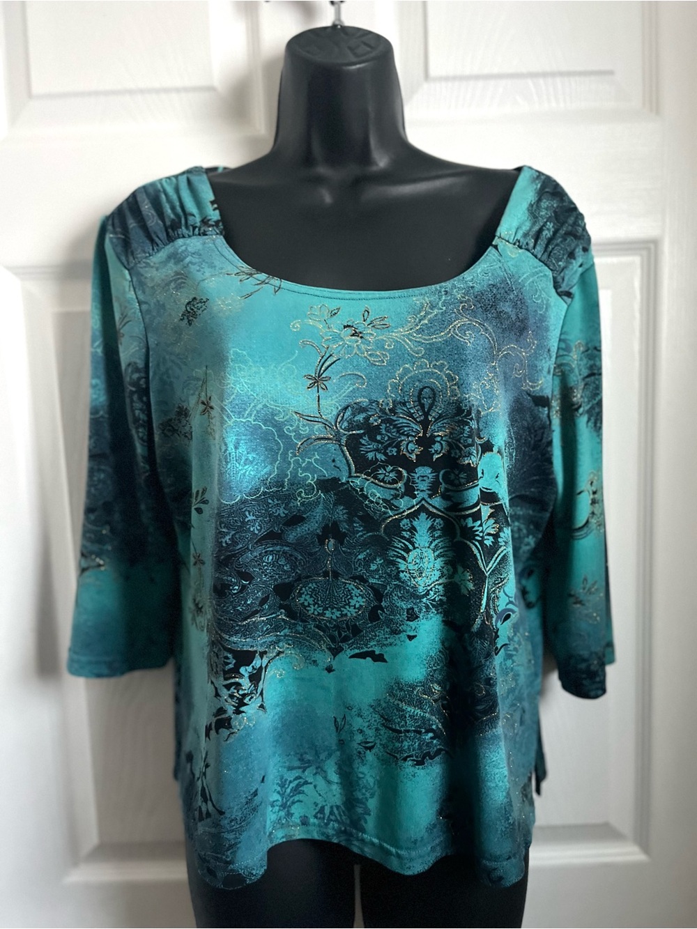 Jahhan Y2K Grunge Boho Turquoise Damask Ruched Shimmer Top Large Coquette